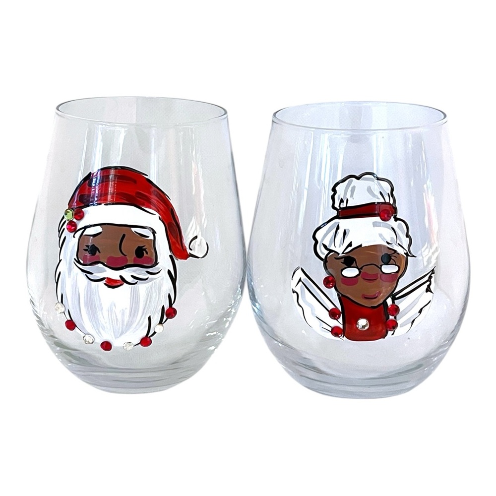 2 Peppermint & Pine Hand Painted Stemless Wine Glasses "MR. & MRS. CLAUS" 22oz
